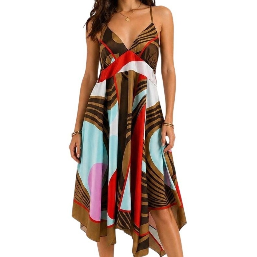 Rubber Ducky Productions Slip Dress Womens L Geometric Print Y2K 90s Retro Satin